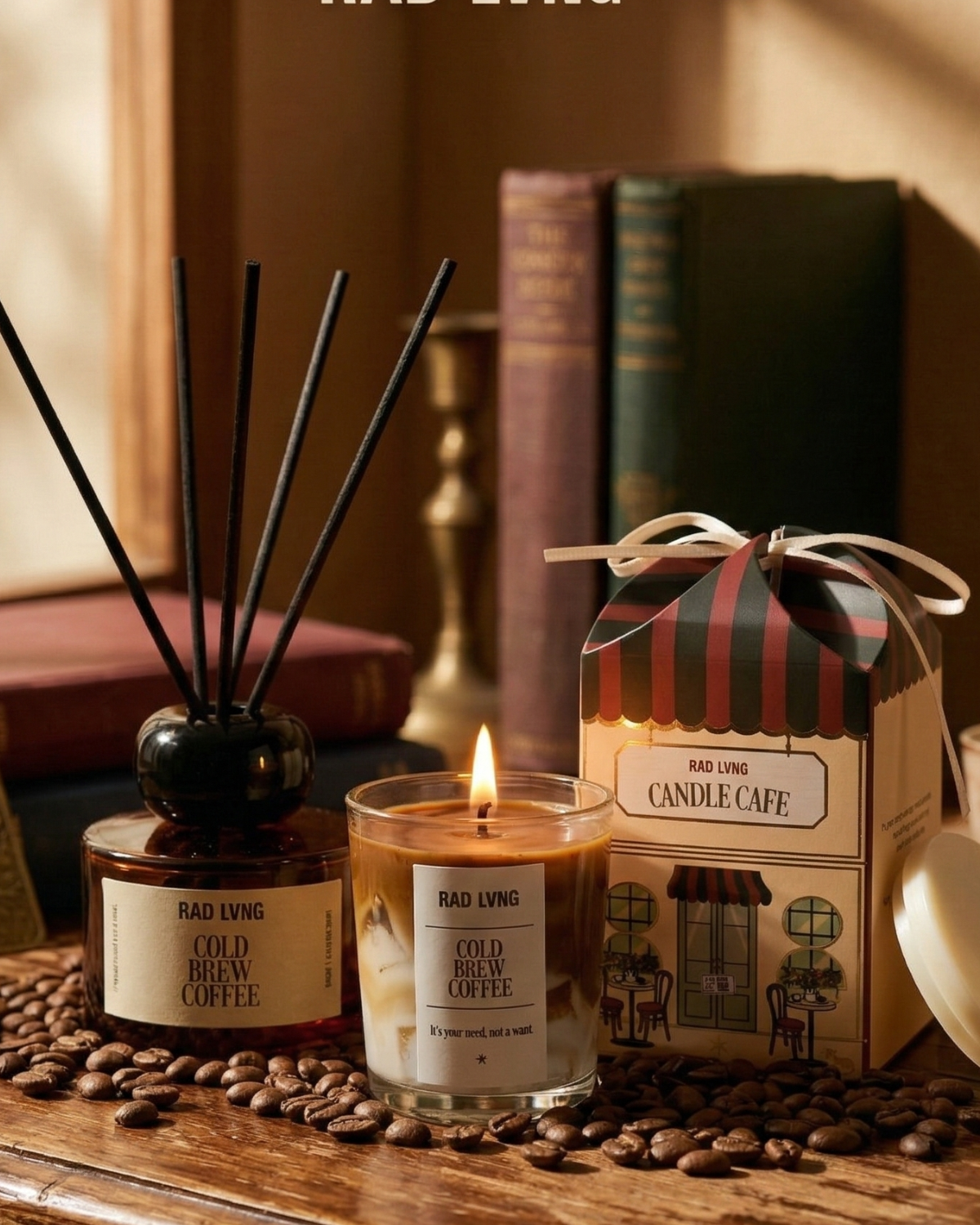 Candle Cafe reed diffuser and petite candle in modern glass bottle with rattan reeds