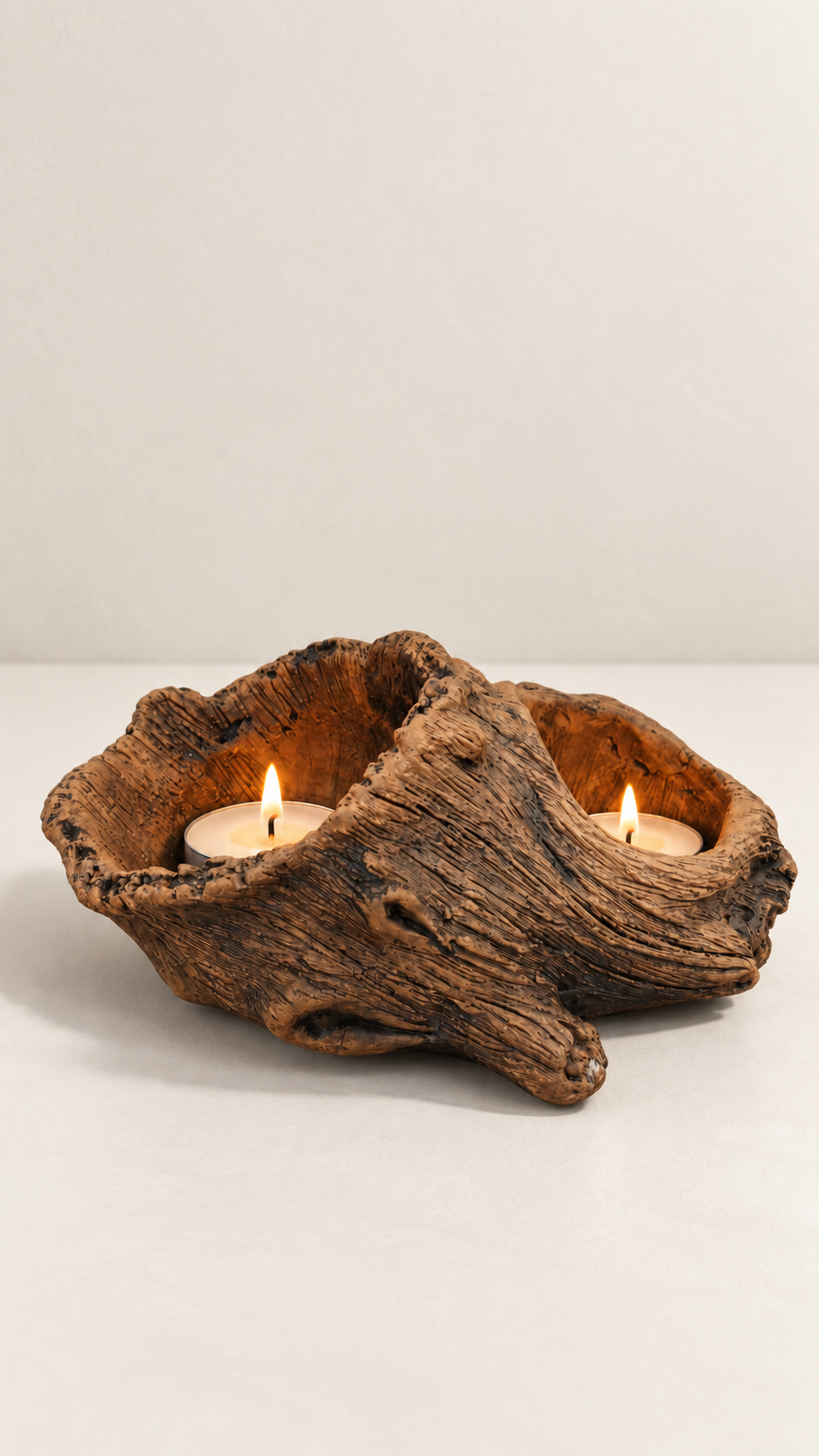 The Sacred Tree tealight holder by RAD LVNG, cement shaped like weathered wood