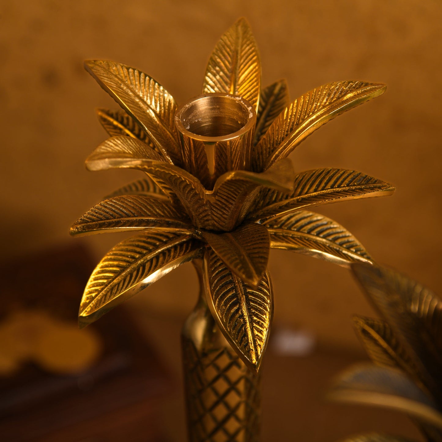 Pure Brass Palm Candle Stand - Set of 2