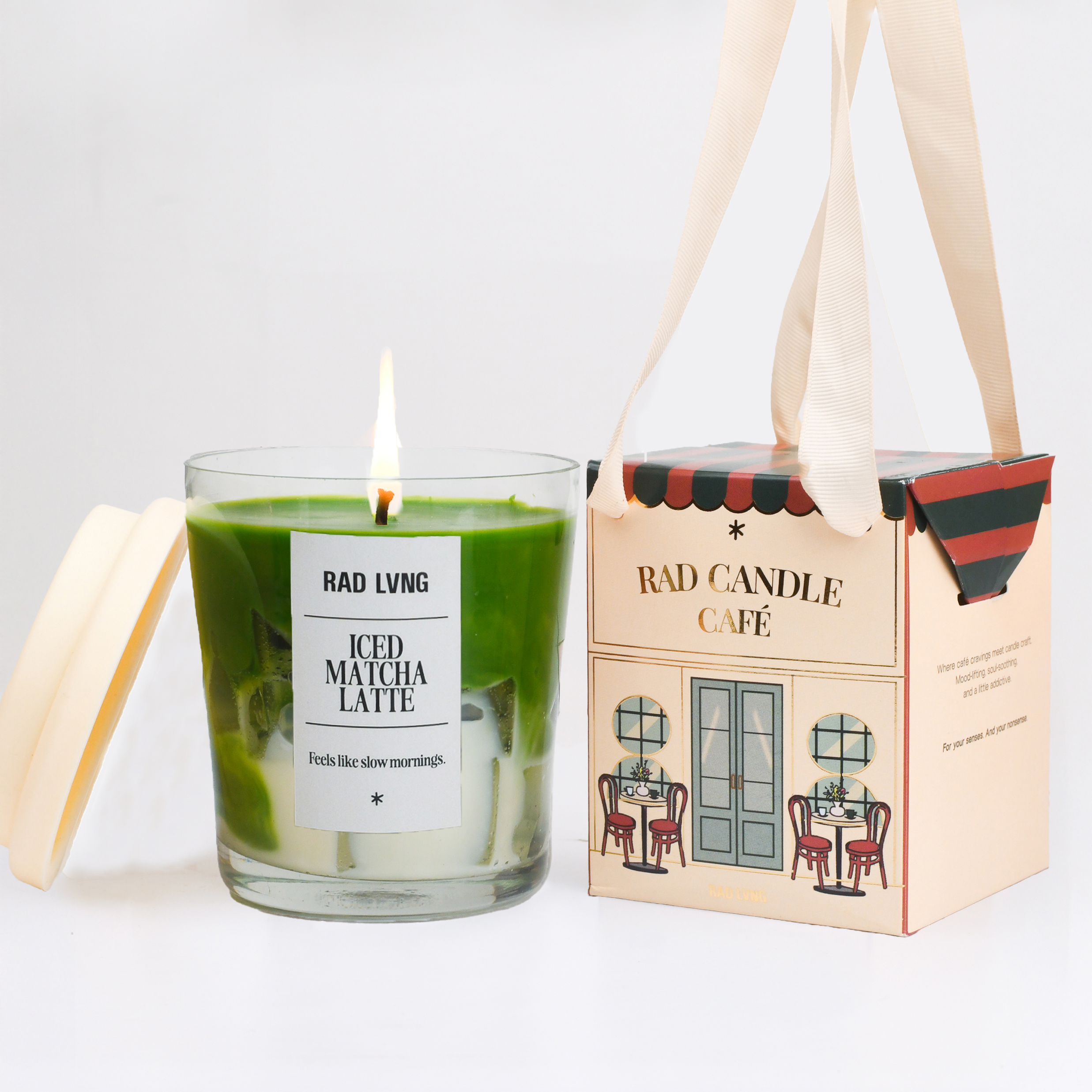 Hand-poured soy wax iced matcha latte candle with 100% cotton wick and reusable 220g jar