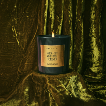 Fresh Out of F*cks Forever smoked oud scented candle in glass jar for home décor and relaxation