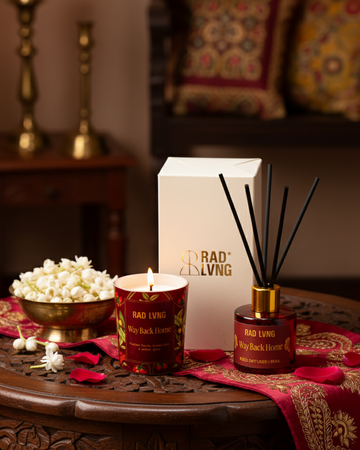 Way Back Home hand-poured candle with reed diffuser in warm nostalgic scents