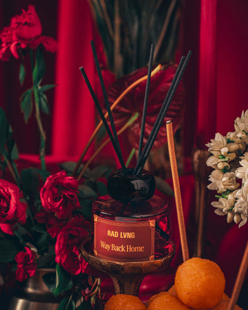Arthbound reed diffuser fragrance notes: saffron, jasmine, cedarwood, and fir resin in elegant bottle