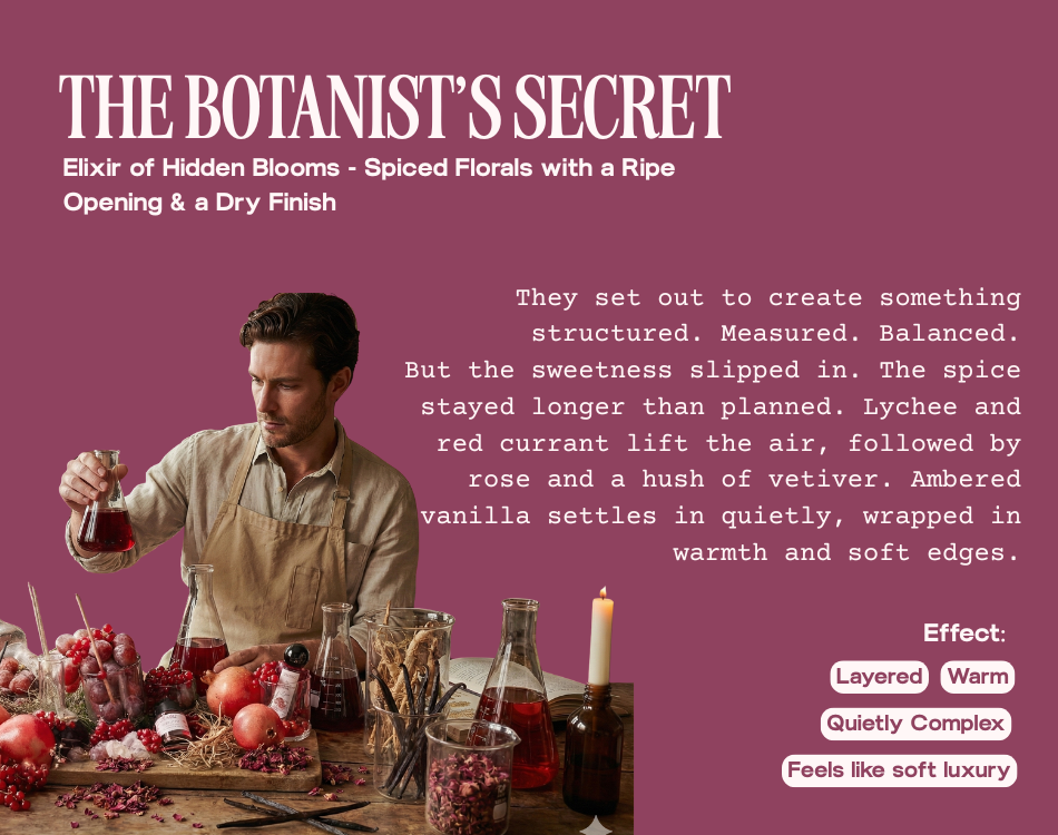 The Botanist’s Secret collections of spiced floral with heart notes of fresh rose and fruity florals in amber bottle