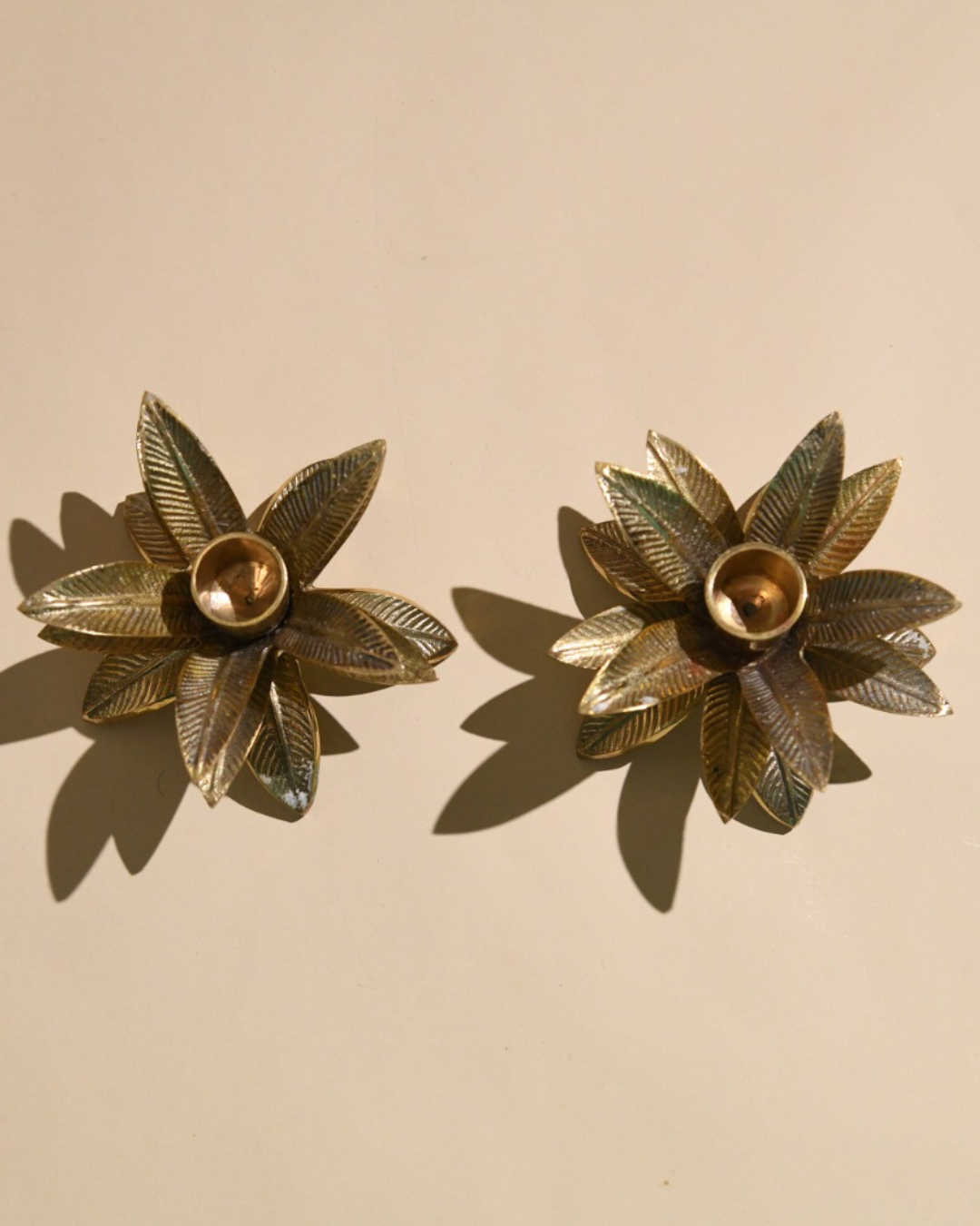 Pure Brass Palm Candle Stand - Set of 2