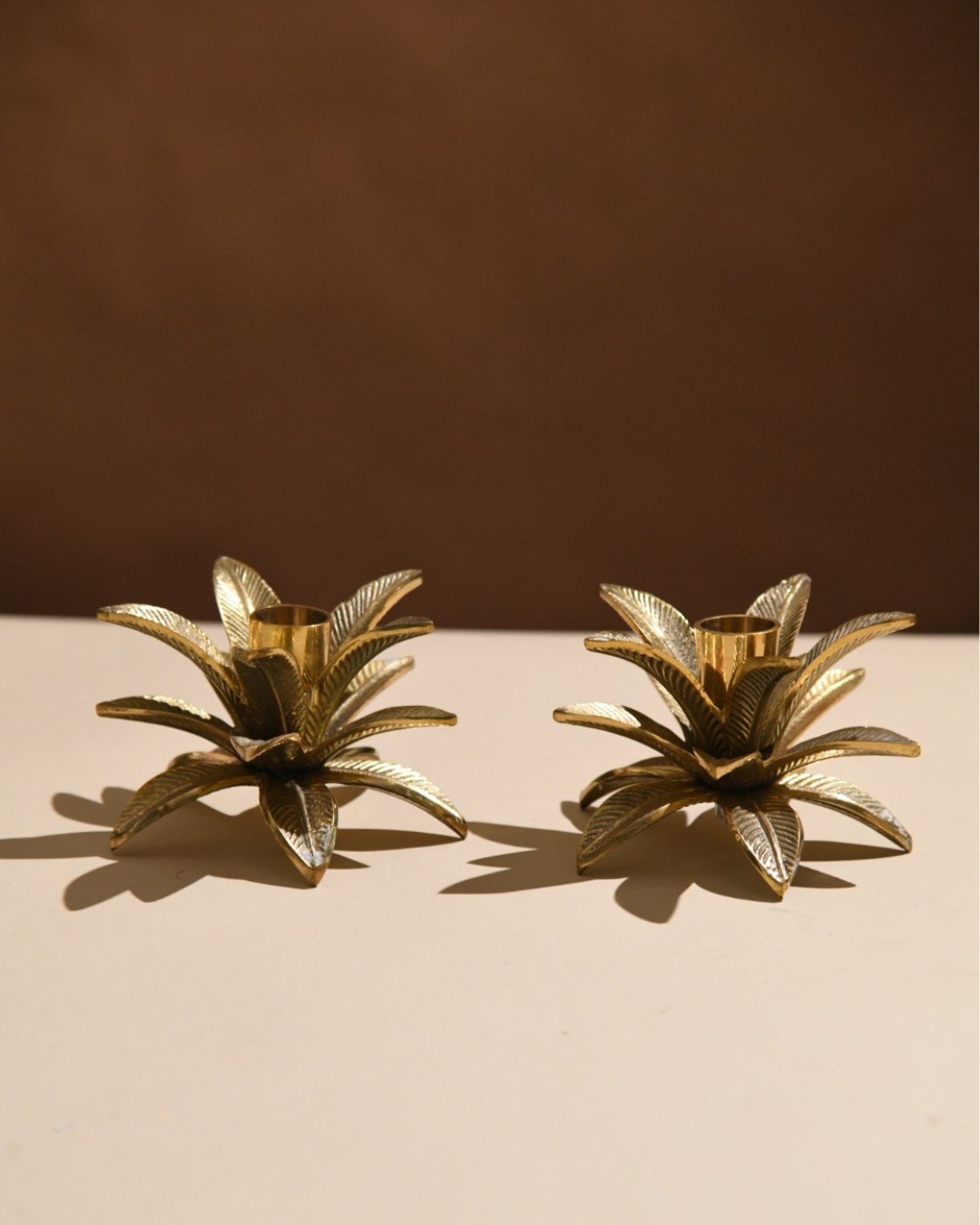 Pure Brass Palm Candle Stand - Set of 2
