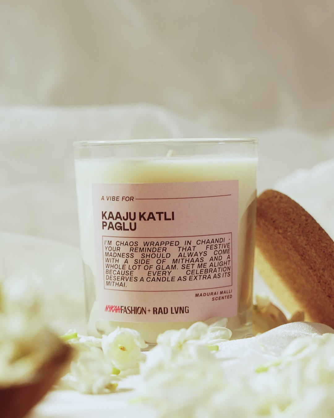 Kaaju Katli Paglu Madurai Malli scented candle in elegant glass jar with soy wax