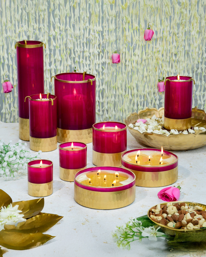 Combo of 4 Candles and 3 Candle holders : Rani Pink