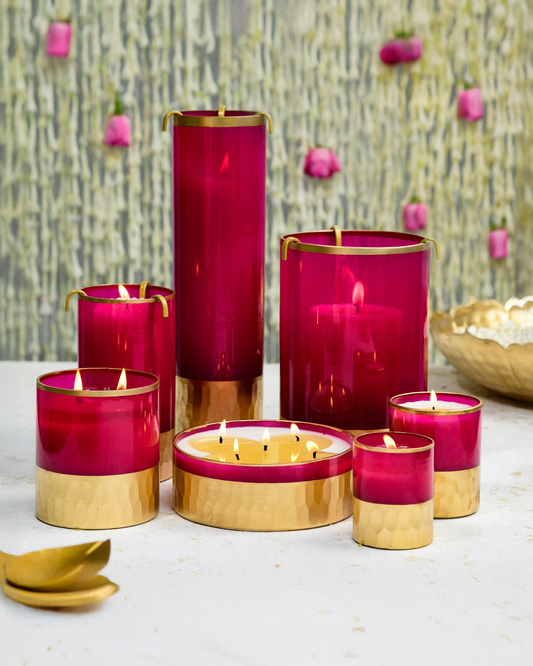 Combo of 4 Candles and 3 Candle holders : Rani Pink