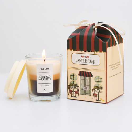 Espresso Mochiato scented candle in elegant glass jar with wooden lid, rich coffee aroma for cozy vibes 