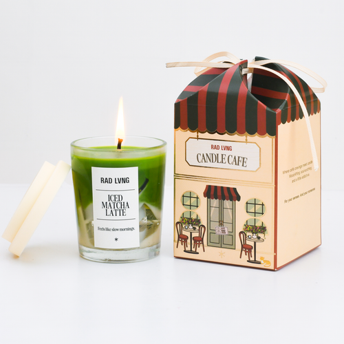 Iced Matcha Latte candle in clear glass jar with realistic gel ice cubes and sweet vanilla soy wax