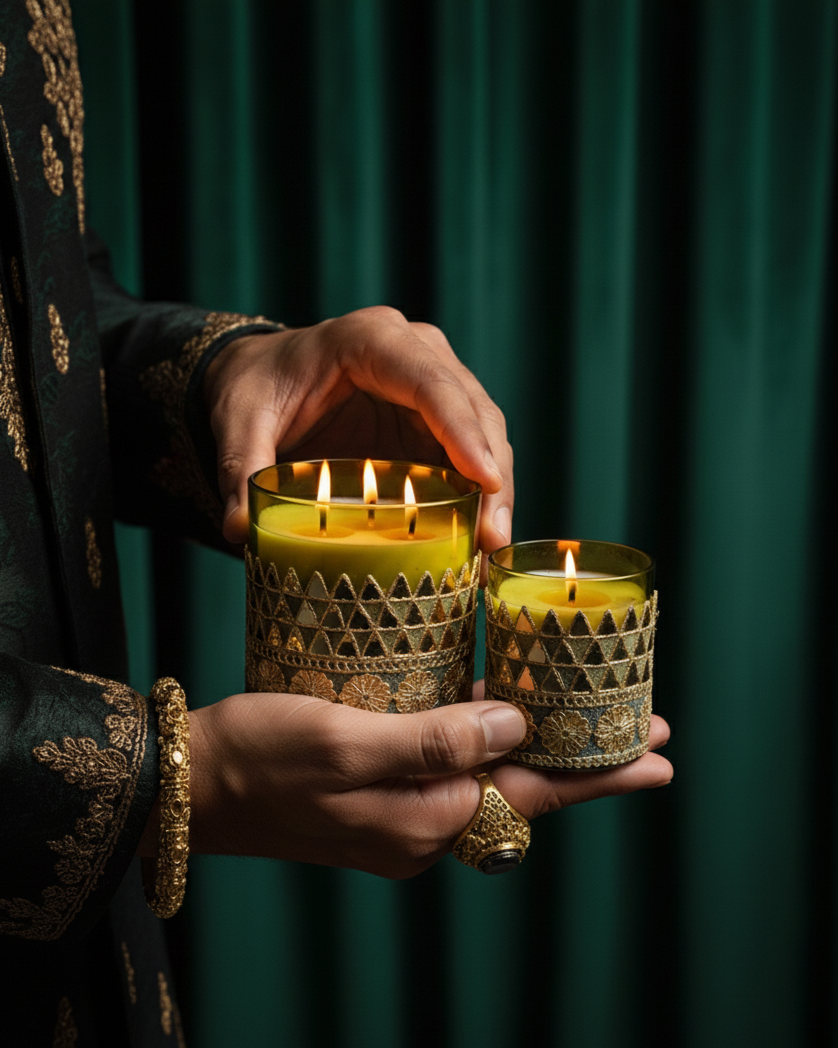 Hands holding two lit candles in decorative holders against a dark green curtain.