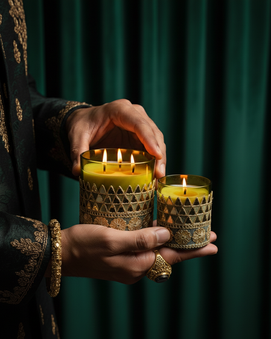 Hands holding two lit candles in decorative holders against a dark green curtain.