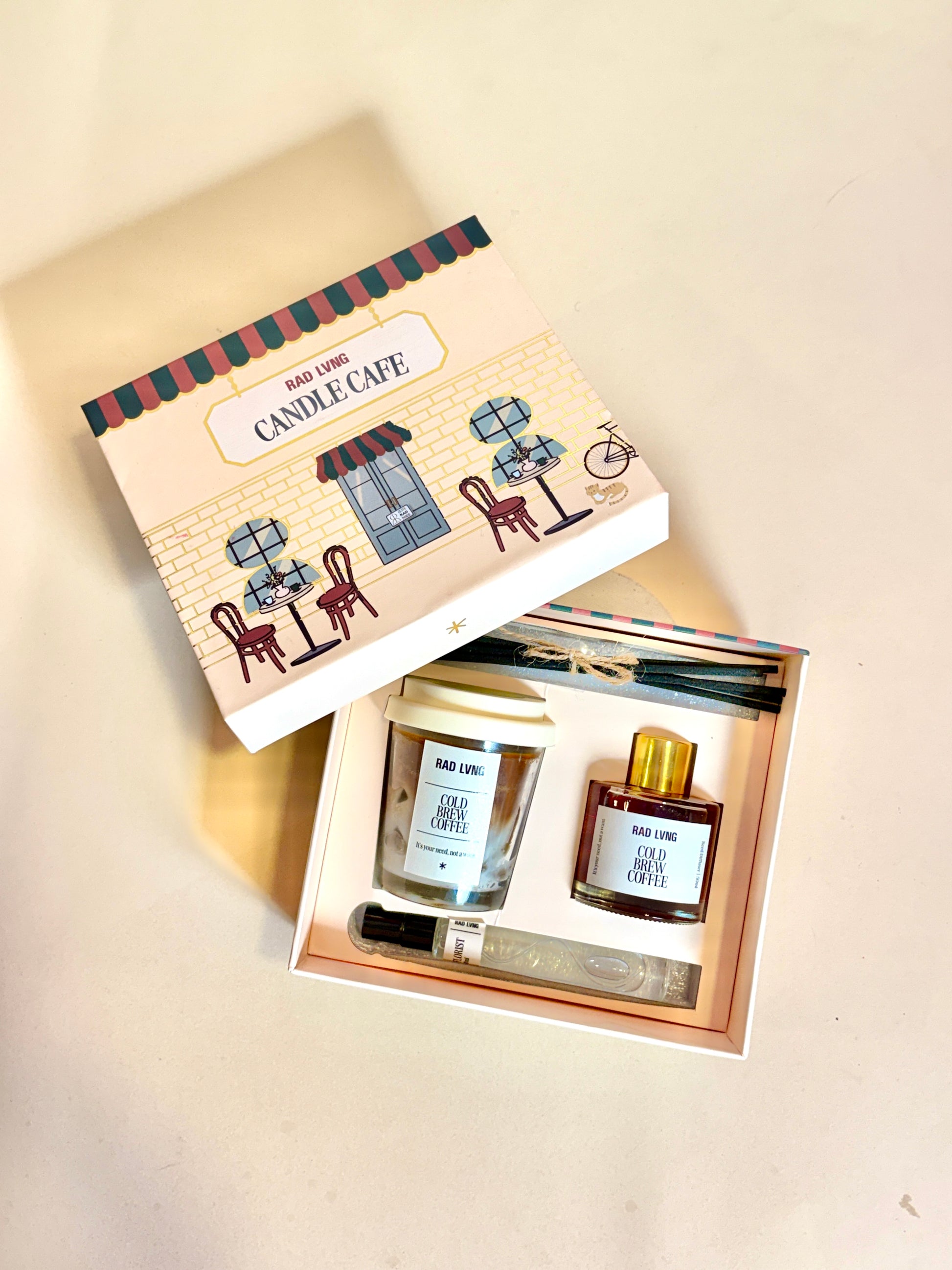 Candle Cafe gift box open showing candles and diffuser – RAD LVNG