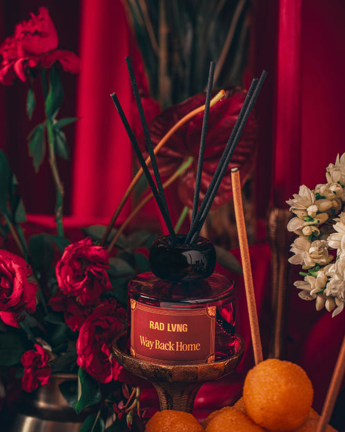 Arthbound reed diffuser fragrance notes: saffron, jasmine, cedarwood, and fir resin in elegant bottle