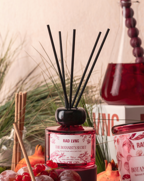 Botanist’s Secret spiced floral reed diffuser in a dark glass bottle with diffuser reeds