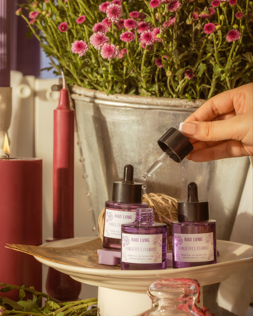 Forgetful Florist essential oil blend bottle with cherry violet floral notes for aromatherapy