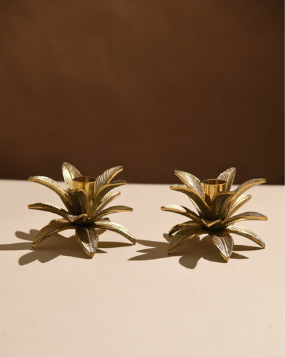 Pure Brass Palm Candle Stand - Set of 2