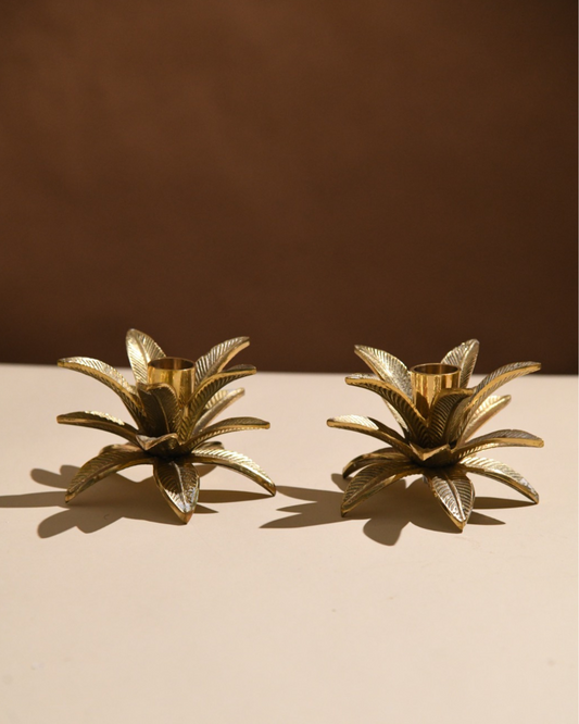 Pure Brass Palm Candle Stand - Set of 2