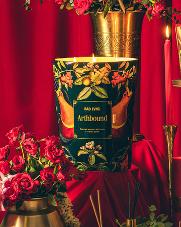 Arthbound 3 wick large soy candle with sacred woods, wild rose and warm earth scent.