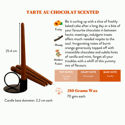Set of 4 Chocolate Brown Scented Tapered Candles - Tarte Au Chocolat Scented